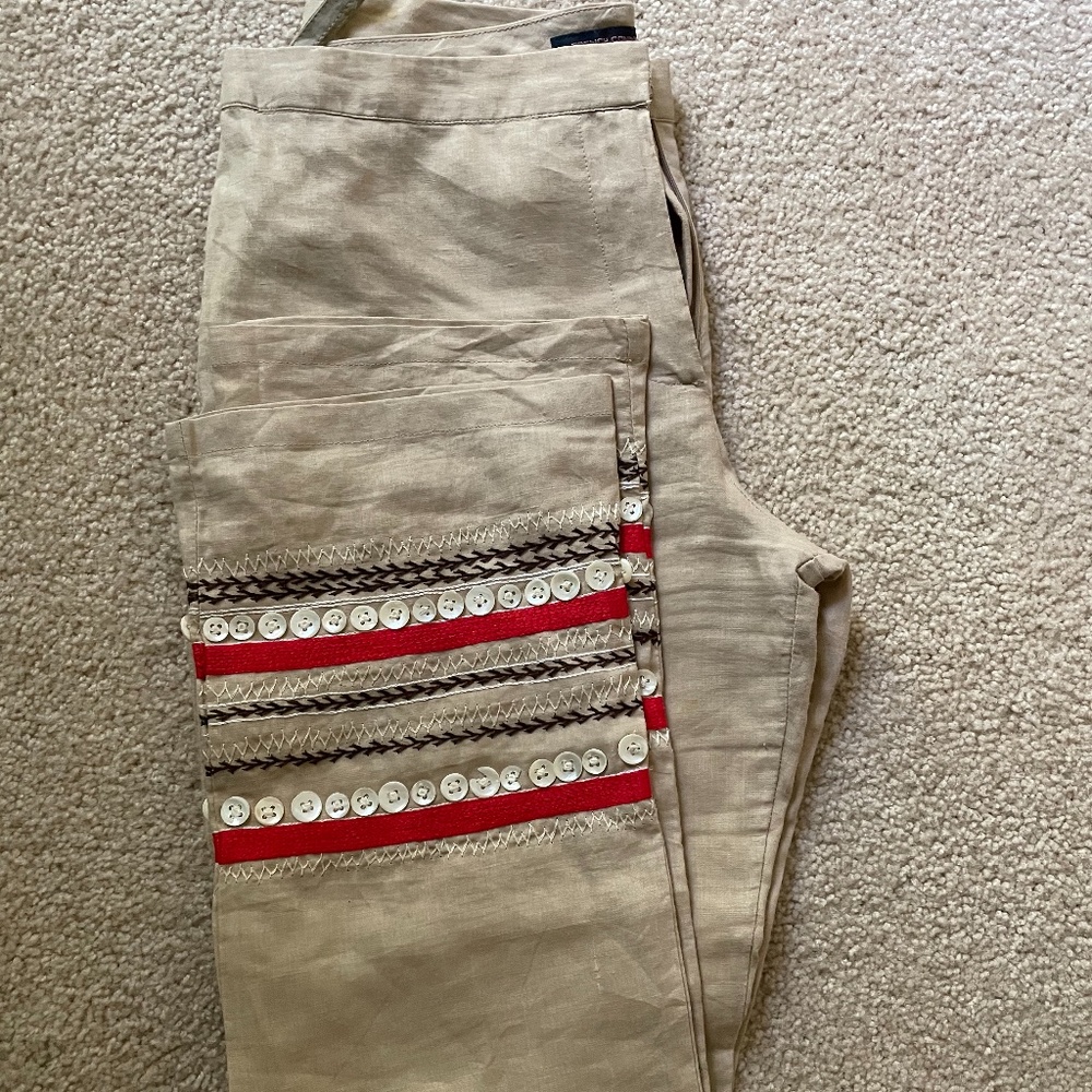 french connection khaki linen pants with buttons/ribbon size 10